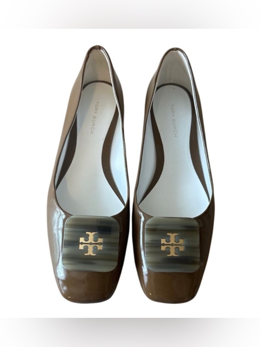 Tory Burch Georgia Patent Leather Square Toe Flats Tortoise Logo 7.5